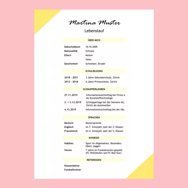 Standard-Lebenslauf Schüler 10, klassischer Lebenslauf Schüler 10, tabellarischer Lebenslauf 10