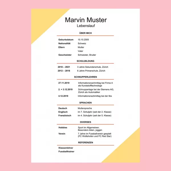 Standard-Lebenslauf Schüler 4, klassischer Lebenslauf Schüler 4, tabellarischer Lebenslauf 4