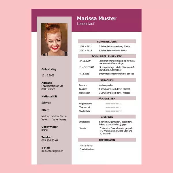 Standard-Lebenslauf Schüler 6, klassischer Lebenslauf Schüler 6, tabellarischer Lebenslauf 6