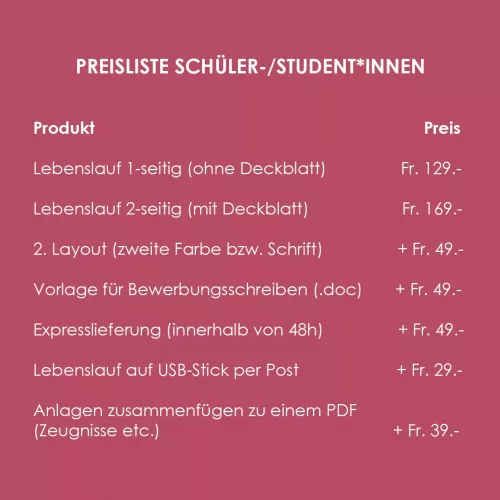 Preisliste für Lebenslauf für Schüler